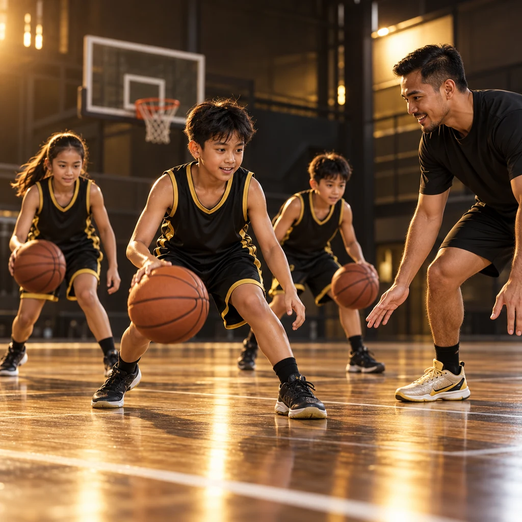 Ilustrasi Dewa77: anak-anak berlatih dribble bola basket bersama pelatih